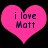 Two pink heart-shaped icons with dark blue text reading "i love Matt" on a black background, displayed side-by-side.