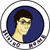 Pixelated circular icon with blue background, light-skinned figure wearing dark hair and glasses, surrounded by white border with purple accents.