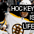 Hockey player in white jersey with yellow accents and number 5, standing near goal net; black puck with text overlay.