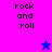 Pixelated text "rock and roll" appears on four colored quadrants with two star icons changing color between frames.