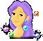 Pixelated avatar of a woman with purple hair, turquoise earrings and necklace, holding glowing orbs against gray background.