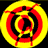 A 6-frame animated contact sheet showing a stick figure dancing within concentric rings of red, yellow, and black on varying background colors.