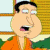 Animated contact sheet of Peter Griffin from Family Guy showing five sequential facial expressions in orange robe against window background