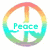 A rainbow-colored peace symbol with the word 'Peace' in cyan text inside, set against a white background.