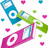 Pixelated image of three overlapping iPods in blue, green, and pink with white circular buttons, surrounded by small pink and green hearts on a white background.
