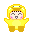 Pixelated yellow character with brown boots and a yellow hooded outfit, shown in two poses with arms outstretched and arms at sides.