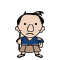 Pixelated character in blue shirt and brown shorts with two distinct facial expressions, one with closed mouth and one with open mouth showing red tongue.