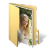 A pixelated image shows a person with light brown hair standing inside a golden doorway frame against a gray background.