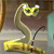 A pixelated yellow and brown creature with large green eyes and a long curved neck, positioned near a light blue vertical object.