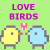 Pixel art of two yellow and blue birds facing each other with a pink heart above them, repeated in four on green background