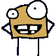 Six cartoon character poses arranged in two , each with a square brown head, large white eyes, and wide grinning mouths showing teeth