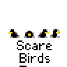 Animated contact sheet showing 20 sequential frames of a pixel art animation featuring red and black stick figures with white heads, birds, and text "Scare Birds" on gray background.