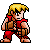 Pixel art character with blonde hair and red outfit in fighting stance, holding brown gloves.