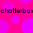 A static image with a bright pink background covered in overlapping purple circles, featuring repeated black pixelated text reading "chatterbox" across the top and bottom.