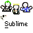 Animated contact sheet of 9 frames showing a pixel art character with green hair and yellow crown performing actions alongside a running stick figure, all labeled "Sublime" below each frame.