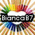 A colorful animated buddy icon with a rainbow sunburst background, a rainbow rose, and text overlays reading "Bianca87" and "Rocks".