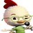 Pixelated character with light skin, brown eyebrows, and a red pointed hat, wearing a green shirt and holding a black object.