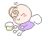 Pixelated angel figure with spiral hair, purple dress, and white wings holding a beer mug in two sequential poses.
