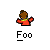 Pixelated character in red jacket with yellow collar, brown hair, arms outstretched, standing above 'Foo' text on gray background.