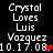 Pixelated text displays 'Crystal Loves Luis Vazquez' with date '10.17.08', red heart symbols appear and disappear in alternating frames.