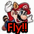 Pixelated image of a character in red overalls and blue shirt with white gloves, holding a white object, overlaid with bold red text on black background.