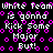Pixelated text and shapes on black background with repeated phrases and pink circular patterns.