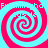 Four identical cyan and magenta spiral patterns arranged in a on a solid background, with partial pixelated text fragments visible at the edges