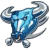 Pixelated blue and gray cartoon-style icon of a stylized animal head with curved horns, possibly a bull or mythical creature, on white background.