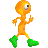 Pixelated orange figure with single large eye, green footwear, and outstretched limbs against gray background.