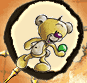Animated cartoon bear in beige circle with black border, holding green ball and purple object, performing walking motion against orange background.
