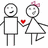 Pixelated stick figures holding hands with a red heart, set against a bright pink background with text fragments.