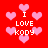 Red background with pink heart shapes and white text reading "I LOVE KODY" in pixelated font.