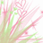 Pixelated abstract composition of pink and green lines radiating from a central point on a white background.