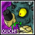 A pixelated creature with yellow eyes and a purple background displays the text "OUCH!" in white letters at the bottom.