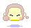 Pixelated character with light brown hair in pigtails, closed eyes, and pink cheeks on gray background.