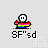 Pixelated rainbow-colored character with white face and black eyes holding a rainbow object, surrounded by multiple rainbow arcs on gray background.