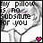Pixelated black-and-white image of a person with text 'my pillow is no substitute for you' and pink heart symbols, animated across six