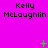 A static image with a bright pink background displaying three repeated instances of the text 'Kelly McLaughlin' in black pixelated font, each accompanied by green plus signs and small dots.