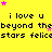 Yellow background with repeated dark blue text and pink/yellow stars; text reads "i love u" and "beyond the stars felicestars" in pixelated font.