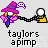 Pixel art buddy icon shows a wizard-like figure with purple hat and pink flowers holding a chain connected to a yellow character with white sphere head, on gray background.