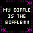 Pixelated text repeats 'MY BIFFLE IS THE BIFFLE!!!!!' across a black background with pink decorative borders.