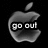 Four grayscale Apple logos arranged in a , each with overlaid text reading 'go out', 'and take a bite', 'out of', and 'LIFE!!!' respectively