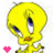 Yellow cartoon bird with blue eyes and orange beak, holding a pink heart on white background.