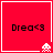 Red square icon with "Drea<3" text and pixelated alien at bottom-right corner, showing animation frames with alien head movement.