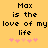 Yellow background with black pixelated text reading "Max is the love of my life" and pink heart symbols below.