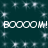 Dark teal background with white star-like sparkles scattered across, featuring repeated 'BOOOOM!' text in large pixelated font.