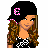 Pixelated cartoon-style buddy icon featuring a female character with long brown hair, black cap with pink 'E', and text overlay reading "tired of tryin sick of cryin yah... i'm smilin But inside dyin" in mixed pink and black fonts.