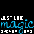 Animated sequence of blue text 'magic' and white text 'JUST LIKE' with pixelated square patterns on a black background, showing subtle variations in letter spacing and pattern placement across frames.