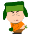Pixelated cartoon character with green hat, orange shirt, brown pants; three distinct facial expressions including squinting eyes and open mouth.