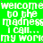 Green background with repeated white text 'welcome to the madness I call... my work' in pixelated font, scattered pink dots, and a solid gray rectangle in bottom-right corner.